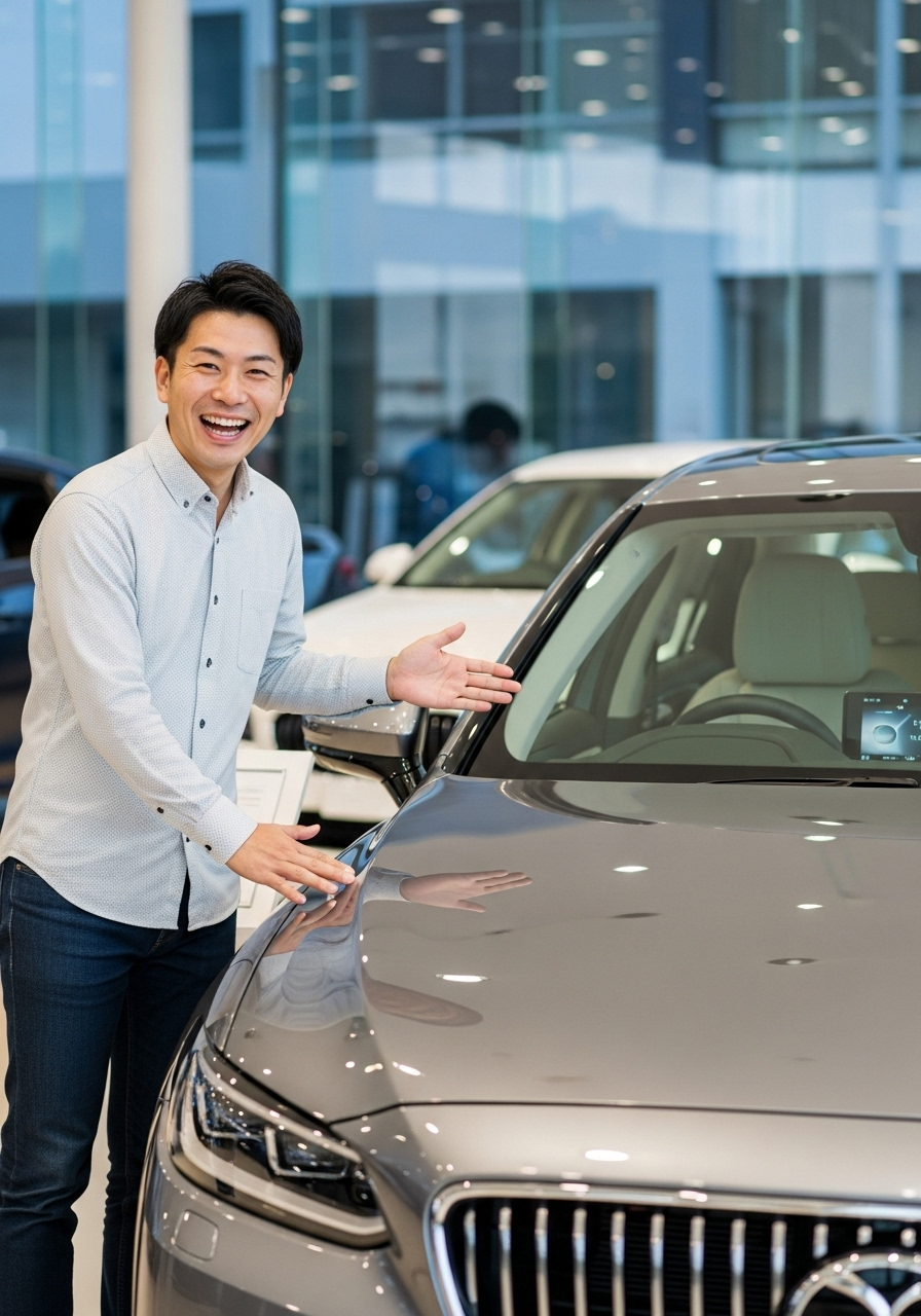 新車を前に喜ぶ男性　日本人