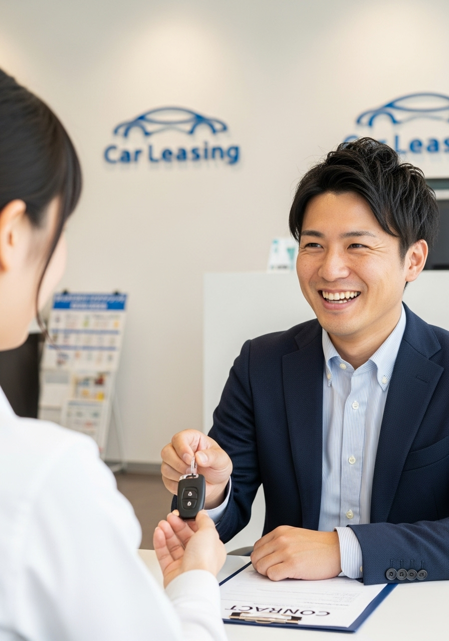 カーリース、車のキーを笑顔で受け取る男性の様子、契約日本人