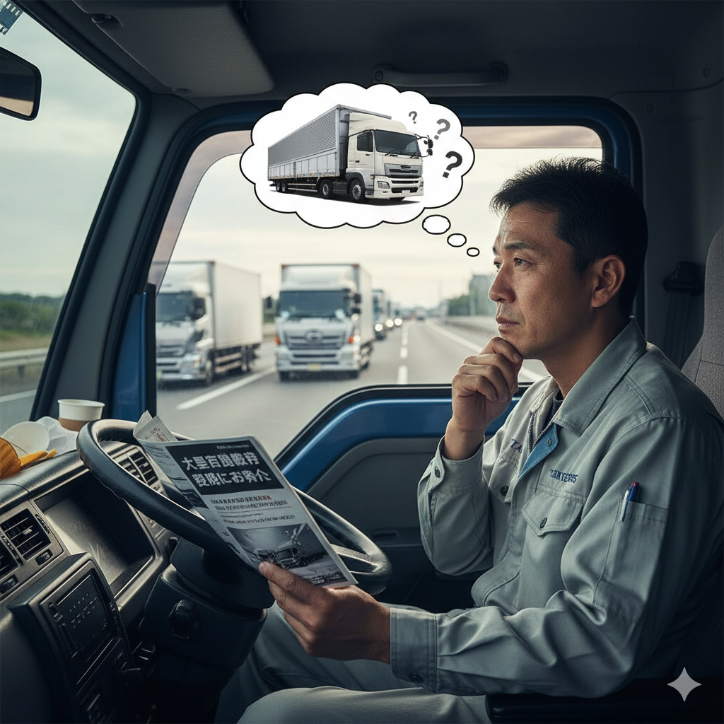 大型トラックと真剣な表情の30代男性