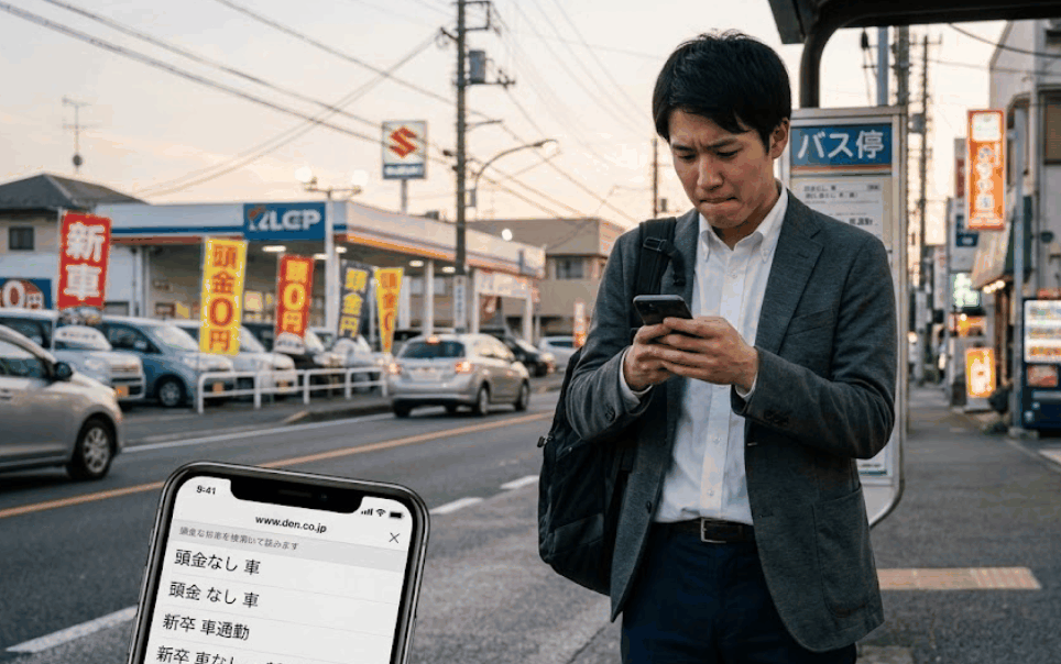 新卒で車通勤が必要だが頭金が払えずにスマホを見て悩む20代男性のイメージ