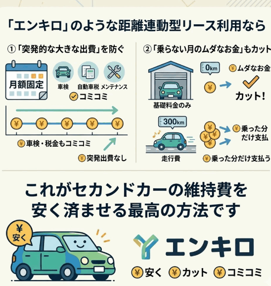 月額固定とエンキロの距離連動型リースの違いを図解した、セカンドカー維持費節約の仕組み