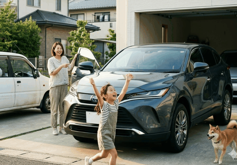 軽自動車から憧れの安全なSUVに乗り換えて喜ぶお母さんと子ども