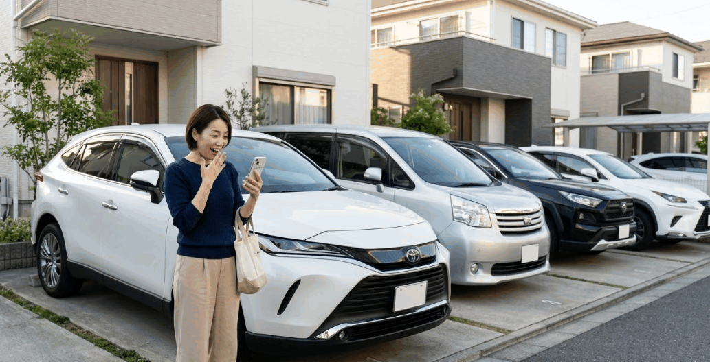 スマホを見てエンキロの料金の安さに驚く主婦と、後ろに並ぶハリアーなどの高級車
