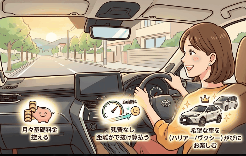エンキロを利用して憧れの車でお得にドライブを楽しむ女性のイラスト
