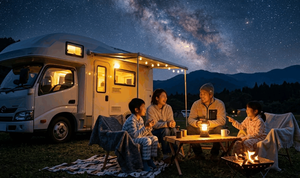 満天の星空の下、キャンピングカーのそばで焚き火を囲み語り合う家族