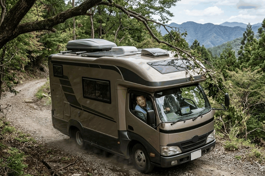 キャンピングカーの運転の失敗談:狭い山道に迷い込み木の枝を避けながら運転する様子