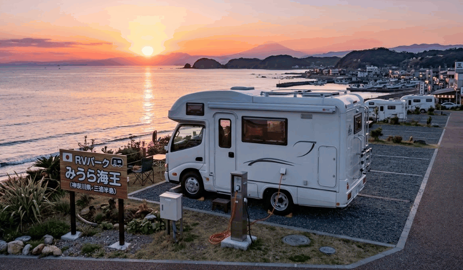海に沈む綺麗な夕日を眺められる神奈川県三浦半島のRVパーク みうら海王