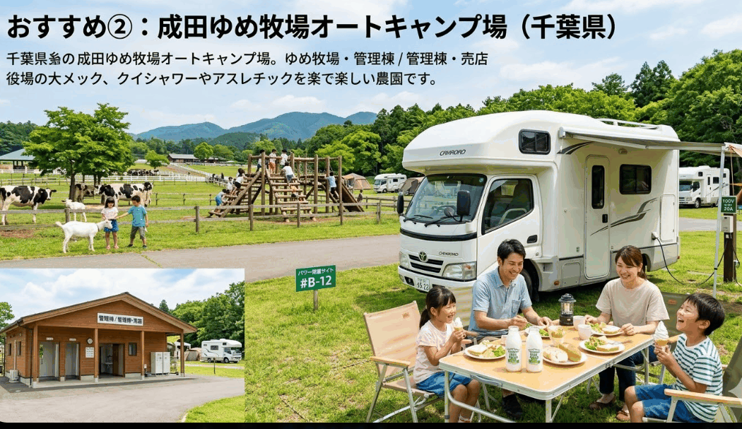 子供が1日中遊べる千葉県の成田ゆめ牧場オートキャンプ場に停まったキャンピングカー