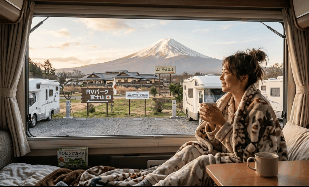 車内から雄大な富士山と日の出を眺められる山梨県のRVパーク 富士山