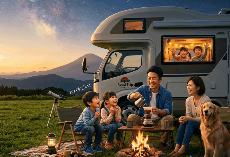 大自然の中でキャンピングカーと朝のコーヒーを楽しむ家族と愛犬の風景