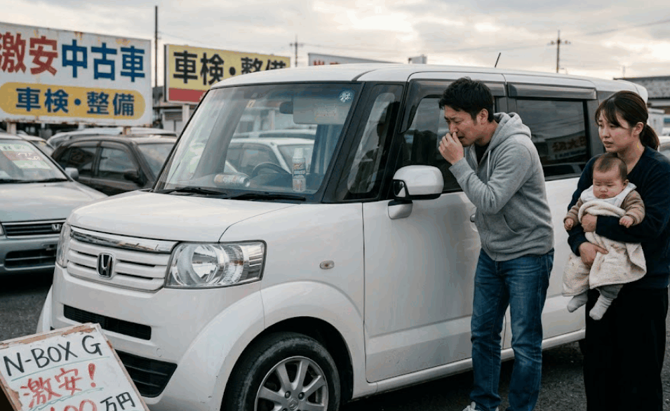 激安中古車で失敗し、実車を見て唖然とする家族の様子