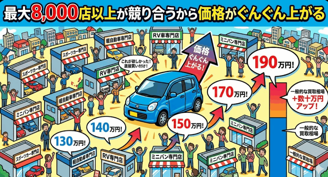 最大8,000店以上の車販売店が競り合うオークション形式で買取価格がぐんぐん上がるイラスト